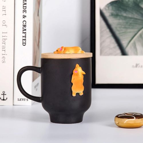  [아마존베스트]Daveinmic Matte Black Corgi Mug with Original Bamboo Lid,Handcrafted Cute Corgi Gift Coffee Mug Tea Cup Perfect Novelty Mug(12oz,350ML)(Black, Corgi)