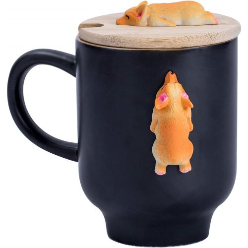  [아마존베스트]Daveinmic Matte Black Corgi Mug with Original Bamboo Lid,Handcrafted Cute Corgi Gift Coffee Mug Tea Cup Perfect Novelty Mug(12oz,350ML)(Black, Corgi)