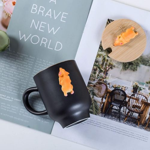  [아마존베스트]Daveinmic Matte Black Corgi Mug with Original Bamboo Lid,Handcrafted Cute Corgi Gift Coffee Mug Tea Cup Perfect Novelty Mug(12oz,350ML)(Black, Corgi)