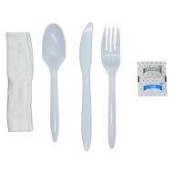 Daxwell B10001837 Plastic Cutlery, Medium Weight Polypropylene (PP) Cutlery Kit with 5 7/8 Fork, 6 5/16 Knife, 5 11/16 Teaspoon, Salt & Pepper and 8 x 10 Napkin, White (Case of 250