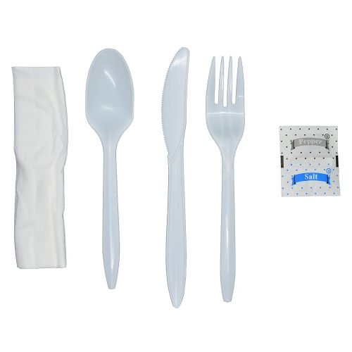  Daxwell B10001837 Plastic Cutlery, Medium Weight Polypropylene (PP) Cutlery Kit with 5 7/8 Fork, 6 5/16 Knife, 5 11/16 Teaspoon, Salt & Pepper and 8 x 10 Napkin, White (Case of 250
