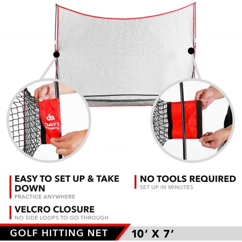  Practice Golf Hitting Net by Day 1 Sports - Large 10’ x 7’ - Portable Carry Bag - Indoor or Outdoor Use - Quick and Easy Assembly - Durable Golf Practice and Training Equipment, Pe