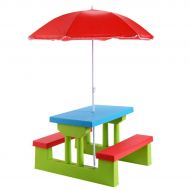 Dayanaprincess Kids Picnic Folding Table and Bench with Umbrella Garden Pool Camping Outdoor Furniture