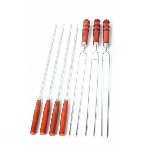  Dayday-Summer 7pcs/Set Stainless Steel Barbecue Skewers Outdoor Portable BBQ Needle/Sticks Fork Set Wooden Handle Picnic Tools