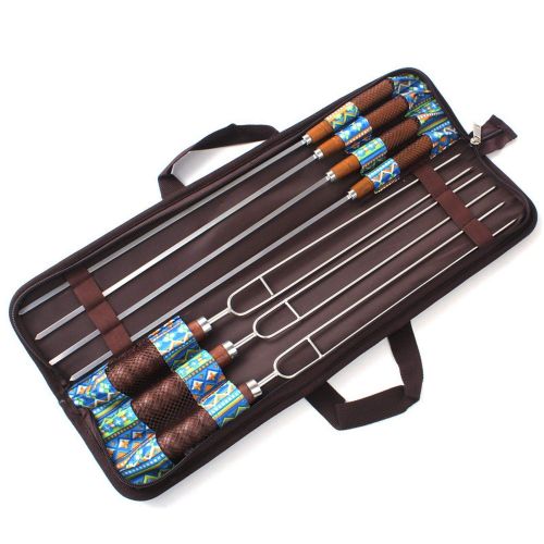  Dayday-Summer 7pcs/Set Stainless Steel Barbecue Skewers Outdoor Portable BBQ Needle/Sticks Fork Set Wooden Handle Picnic Tools