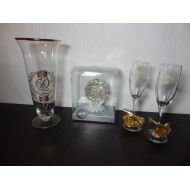 /DaysLongGoneSalvage Vintage Happy 50th Anniversary Celebration Set - Includes 2 Champagne Toasting Glasses, Wilton Cake Topper, and a Tall Vase