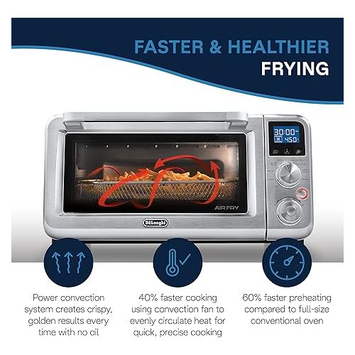  De'Longhi Air Fry Oven, Premium 9-in-1 Digital Air Fry Convection Toaster Oven, Grills, Broils, Bakes, Roasts, Keep Warm, Reheats, 1800-Watts + Cooking Accessories, Stainless Steel, 14L, EO141164M