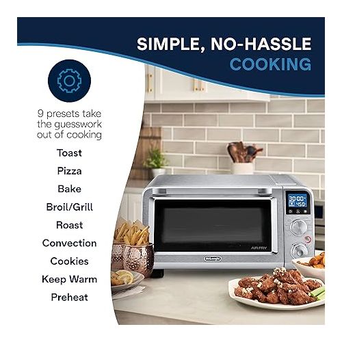  De'Longhi Air Fry Oven, Premium 9-in-1 Digital Air Fry Convection Toaster Oven, Grills, Broils, Bakes, Roasts, Keep Warm, Reheats, 1800-Watts + Cooking Accessories, Stainless Steel, 14L, EO141164M