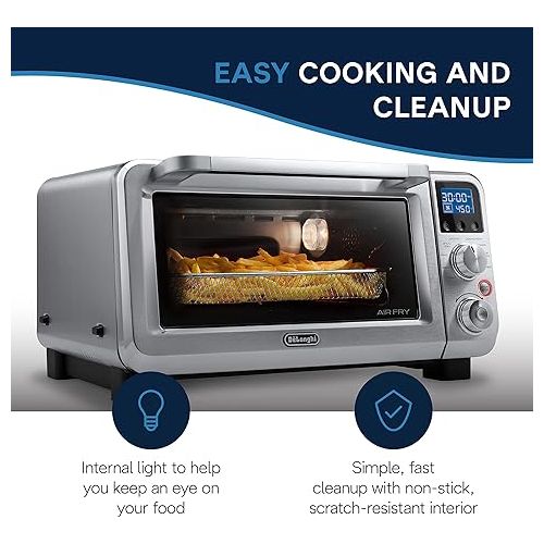  De'Longhi Air Fry Oven, Premium 9-in-1 Digital Air Fry Convection Toaster Oven, Grills, Broils, Bakes, Roasts, Keep Warm, Reheats, 1800-Watts + Cooking Accessories, Stainless Steel, 14L, EO141164M