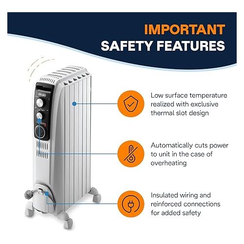  De'Longhi Dragon Oil Filled Radiator Heater, 1500W Electric Space Heater for indoor use, portable room heater, programmable timer, full room heater with safety features, TRD40615T