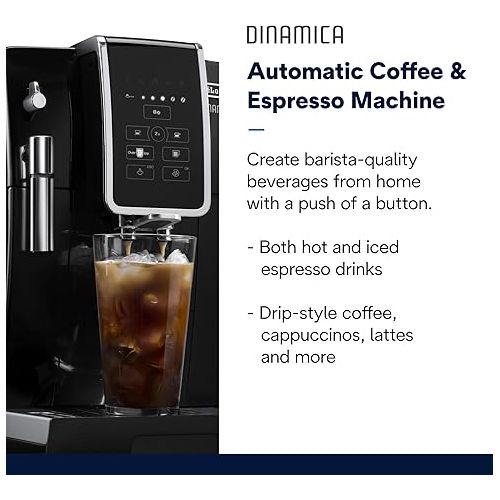  De'Longhi Dinamica Espresso Machine, Black - Automatic Bean-to-Cup Brewing, Built-In Steel Burr Grinder & Manual Frother - One-Touch Hot & Iced Coffee - Easy Cleanup