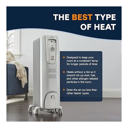  DeLonghi Oil Filled Radiant Heater, 1500W Electric Space Heater - Quiet and Portable with Anti-Freeze Function and Safety Features, TRH0715