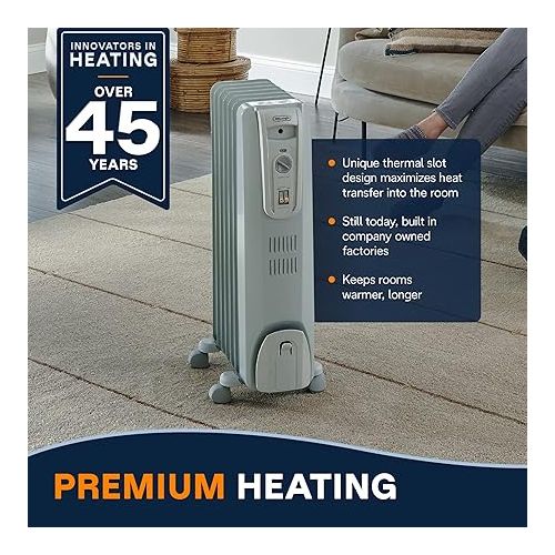  DeLonghi Oil Filled Radiant Heater, 1500W Electric Space Heater - Quiet and Portable with Anti-Freeze Function and Safety Features, TRH0715
