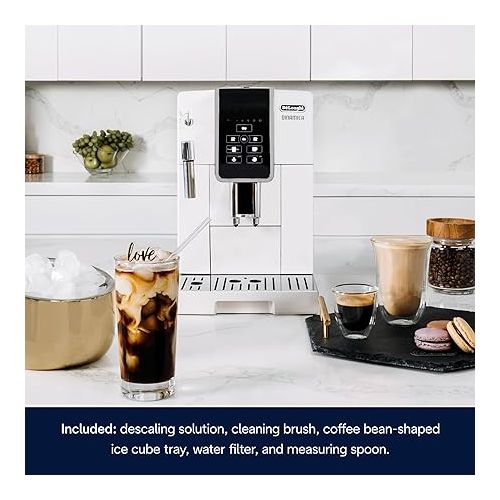  De'Longhi Dinamica Espresso Machine, White - Automatic Bean-to-Cup Brewing, Built-In Steel Burr Grinder & Manual Frother - One-Touch Hot & Iced Coffee - Easy Cleanup