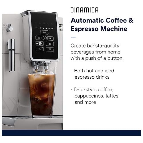  De'Longhi Dinamica Espresso Machine, White - Automatic Bean-to-Cup Brewing, Built-In Steel Burr Grinder & Manual Frother - One-Touch Hot & Iced Coffee - Easy Cleanup