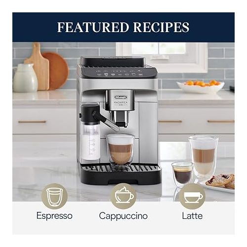  De'Longhi Magnifica Evo with LatteCrema System, Fully Automatic Machine Bean to Cup Espresso Cappuccino and Iced Coffee Maker, Colored Touch Display,Black, Silver