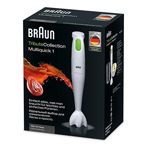  De’Longhi Braun Multiquick 1 MQ 100 Soup Stabmixer | Puerierstab mit 450 W Leistung | Kompakt und mit einer Hand zu bedienen | SplashControl Spritzschutz | Inkl. Mix- und Messbecher | Grau/We