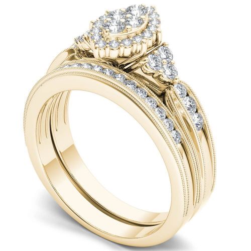  De Couer 10k Yellow Gold 12ct TDW Diamond Halo Engagement Ring Set by De Couer