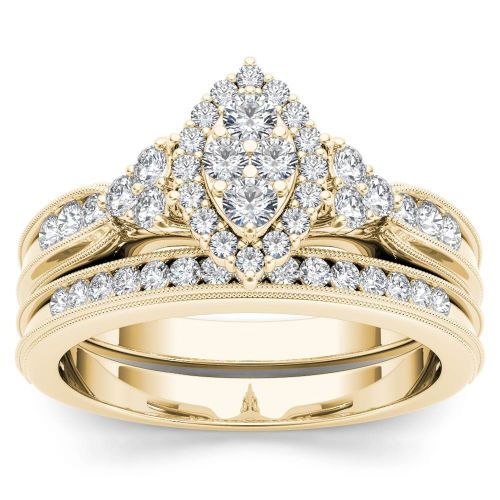  De Couer 10k Yellow Gold 12ct TDW Diamond Halo Engagement Ring Set by De Couer