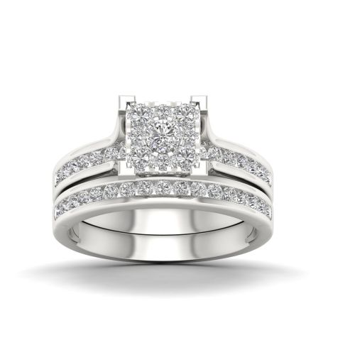  De Couer 10k White Gold 1ct TDW Diamond Cluster Bridal Set by De Couer