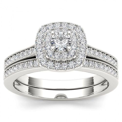  De Couer 14k White Gold 12ct TDW Diamond Double Halo Bridal Ring Set by De Couer