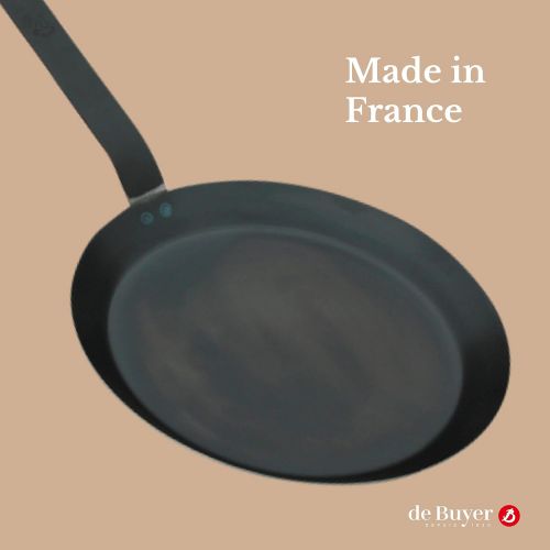  de Buyer - Force Blue - Blue Steel Crepe & Tortilla Pan - Nonstick Carbon Steel Frying Pan with Traditional French Handle - For Use with Low to Medium Heat - 7, 2 mm