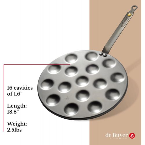  de Buyer - Mineral B Carbon Steel Aebleskiver & Poffertjes Pan - Naturally Nonstick - Oven-Safe - Induction-ready - 10.6 with 16 Cavities of 1.6