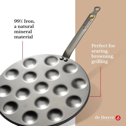  de Buyer - Mineral B Carbon Steel Aebleskiver & Poffertjes Pan - Naturally Nonstick - Oven-Safe - Induction-ready - 10.6 with 16 Cavities of 1.6