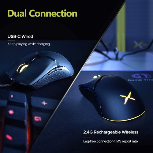  DELUX M800DB 70G(2.47oz) 2.4G Wireless Lightweight Gaming Mouse, Up to 50 Hr Battery Life, with PAW3335 16000DPI, Ultralight Weave Cable, 6 Programmable Buttons and RGB Light (Blac