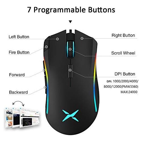  [아마존베스트]DELUX Gaming Mouse 16.8 Million RGB Colour 24000 DPI (Max) Programmable Ergonomic Mouse for PC Laptop 7 Buttons Unique Fire Button Design