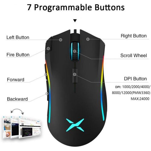  [아마존베스트]DELUX Gaming Mouse 16.8 Million RGB Colour 24000 DPI (Max) Programmable Ergonomic Mouse for PC Laptop 7 Buttons Unique Fire Button Design