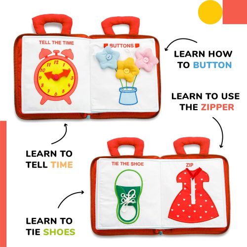  deMoca Quiet Book for Toddlers - Montessori Basic Skills Activity - Soft Travel Toy & Educational Busy Book for 2 3 Year Old Boys & Girls + Zipper Bag (Red)