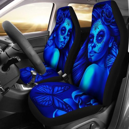 벨 DealioHound Calavera (Day of The Dead/Dia De Los Muertos) Halloween Design #2 (Blue) Microfiber Car Seat Covers/Protectors - Universal Fit (Set of 2)