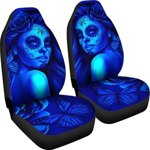 벨 DealioHound Calavera (Day of The Dead/Dia De Los Muertos) Halloween Design #2 (Blue) Microfiber Car Seat Covers/Protectors - Universal Fit (Set of 2)
