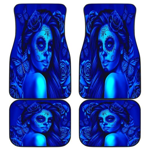  DealioHound Calavera (Day of The Dead/Dia De Los Muertos) Halloween Design #2 (Blue) Set of 4 Car Floor Mats (2 x Front, 2 x Back)