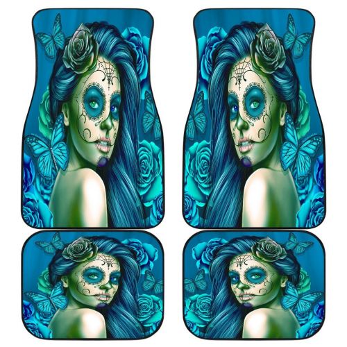  DealioHound Calavera (Day of The Dead/Dia De Los Muertos) Halloween Design #2 (Turquoise) Set of 4 Car Floor Mats (2 x Front, 2 x Back)