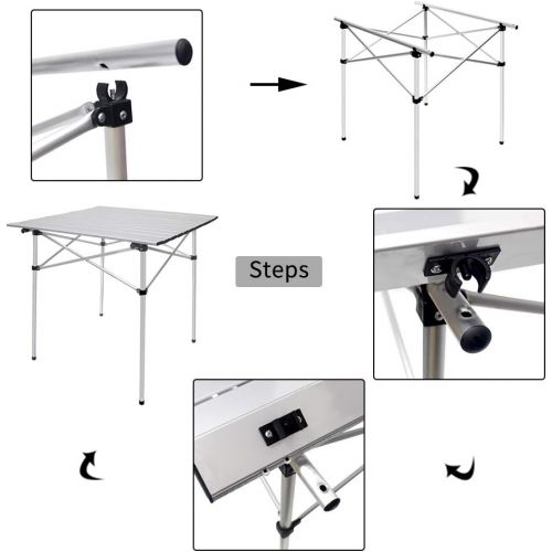  Deanurs Folding Tables Camping Roll Up Aluminum Portable Square Table for Outdoor Hiking Picnic,28 x 28 w/Carry Bag,Silver