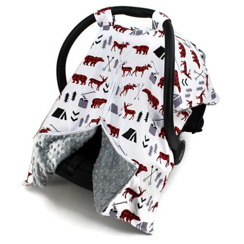  Dear Baby Gear Car Seat Canopy, Woodland Bear Moose Plaid, Minky Grey