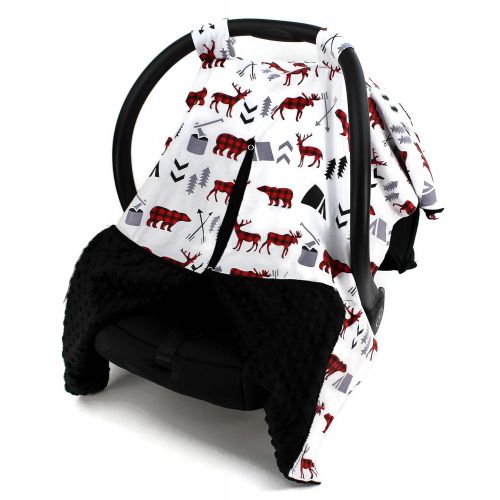  Dear Baby Gear Car Seat Canopy, Woodland Bear Moose Plaid, Minky Black