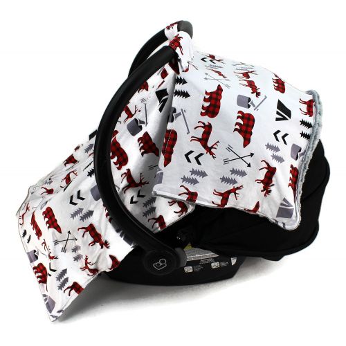  Dear Baby Gear Car Seat Canopy, Woodland Bear Moose Plaid, Minky Black