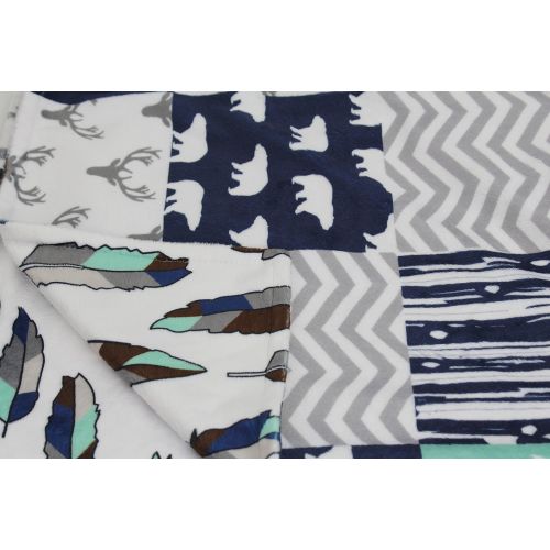  Dear Baby Gear Deluxe Reversible Baby Blankets, Minky Print Woodland Bear Quilt Feathers Navy Mint, 38 Inches by 29 Inches