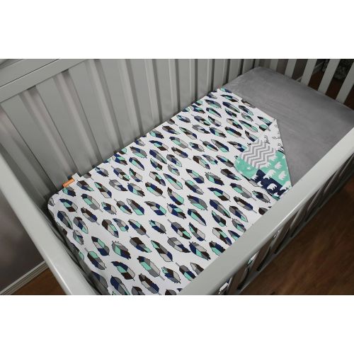  Dear Baby Gear Deluxe Reversible Baby Blankets, Minky Print Woodland Bear Quilt Feathers Navy Mint, 38 Inches by 29 Inches