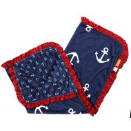 Dear Baby Gear Deluxe Baby Blankets, Custom Minky Print Double Layer, Red and White Anchors on Weathered Navy Blue, Red Satin Ruffle