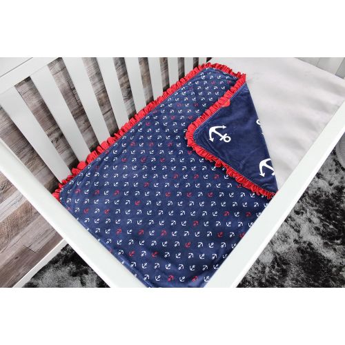  Dear Baby Gear Deluxe Baby Blankets, Custom Minky Print Double Layer, Red and White Anchors on Weathered Navy Blue, Red Satin Ruffle