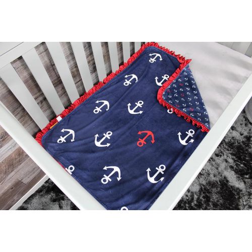  Dear Baby Gear Deluxe Baby Blankets, Custom Minky Print Double Layer, Red and White Anchors on Weathered Navy Blue, Red Satin Ruffle