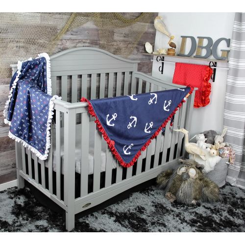  Dear Baby Gear Deluxe Baby Blankets, Custom Minky Print Double Layer, Red and White Anchors on Weathered Navy Blue, Red Satin Ruffle