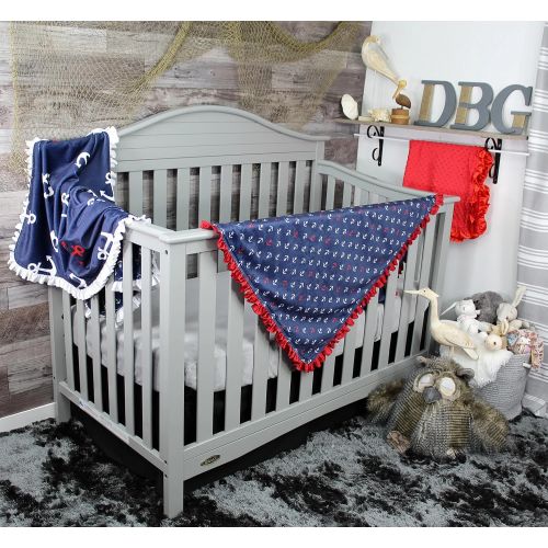  Dear Baby Gear Deluxe Baby Blankets, Custom Minky Print Double Layer, Red and White Anchors on Weathered Navy Blue, Red Satin Ruffle