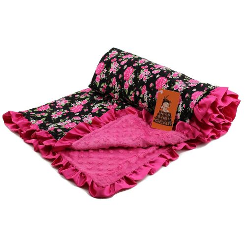  Dear Baby Gear Baby Blankets, Vintage Floral Hot Pink on Black, Hot Pink Minky, 32 Inches by 32 Inches