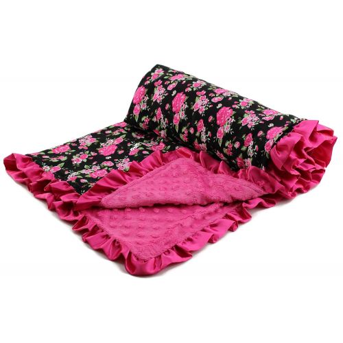  Dear Baby Gear Baby Blankets, Vintage Floral Hot Pink on Black, Hot Pink Minky, 32 Inches by 32 Inches