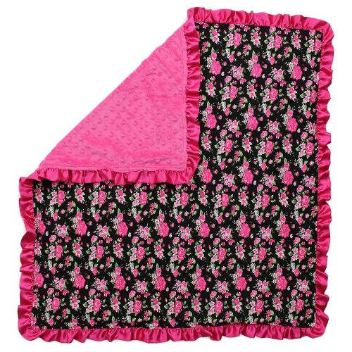  Dear Baby Gear Baby Blankets, Vintage Floral Hot Pink on Black, Hot Pink Minky, 32 Inches by 32 Inches